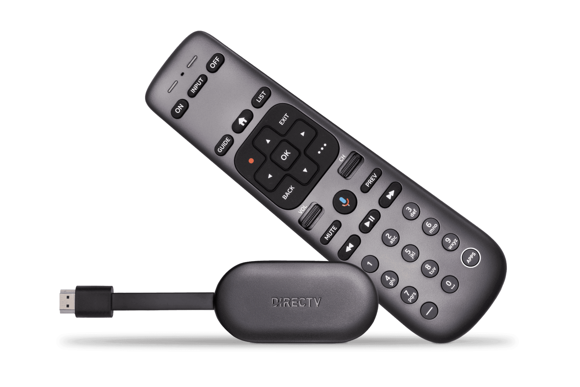 DIRECTV remote control and streaming device with HDMI connector.